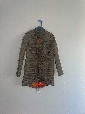 Vince Camuto Olive Quilted Long Women's Jacket with Orange Lining